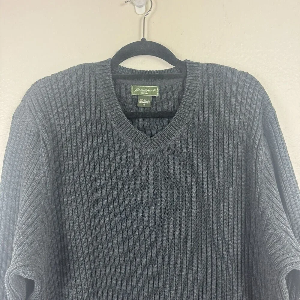 Eddie Bauer Rib Knit Cotton Pullover V-Neck Long Sleeve Sweater Charcoal Gray XL